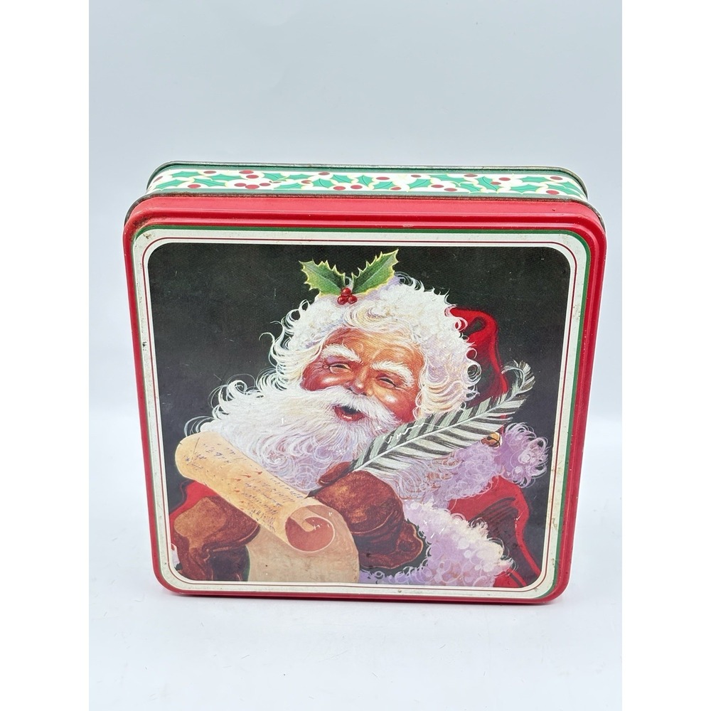 Vintage Christmas Santa Claus Candy Tin Mid Century Decor 8" Square Holly